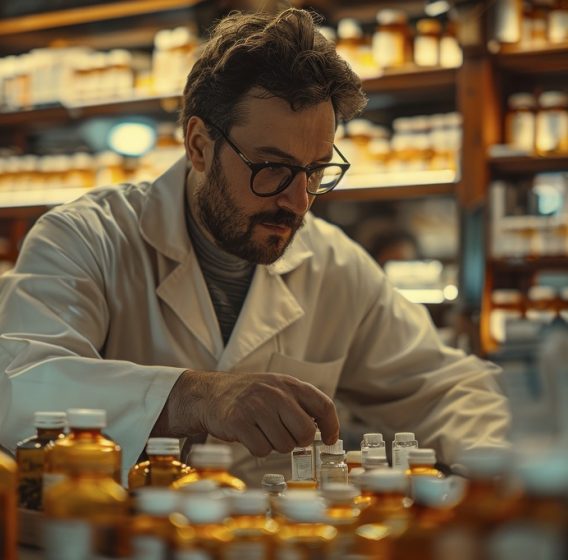 Close-up shot of a male pharmacist from Greece labeling prescription bottles in a traditional pharmacy with a cozy atmosphere. The focus is on the detailed task of labeling. Realistic and cinematic. Award-winning photography. Advertising photography. Commercial photography. --chaos 13 --ar 3:2 --style raw --stylize 300 Job ID: 3c3592bd-d95b-4571-820f-a3353eea4bcd